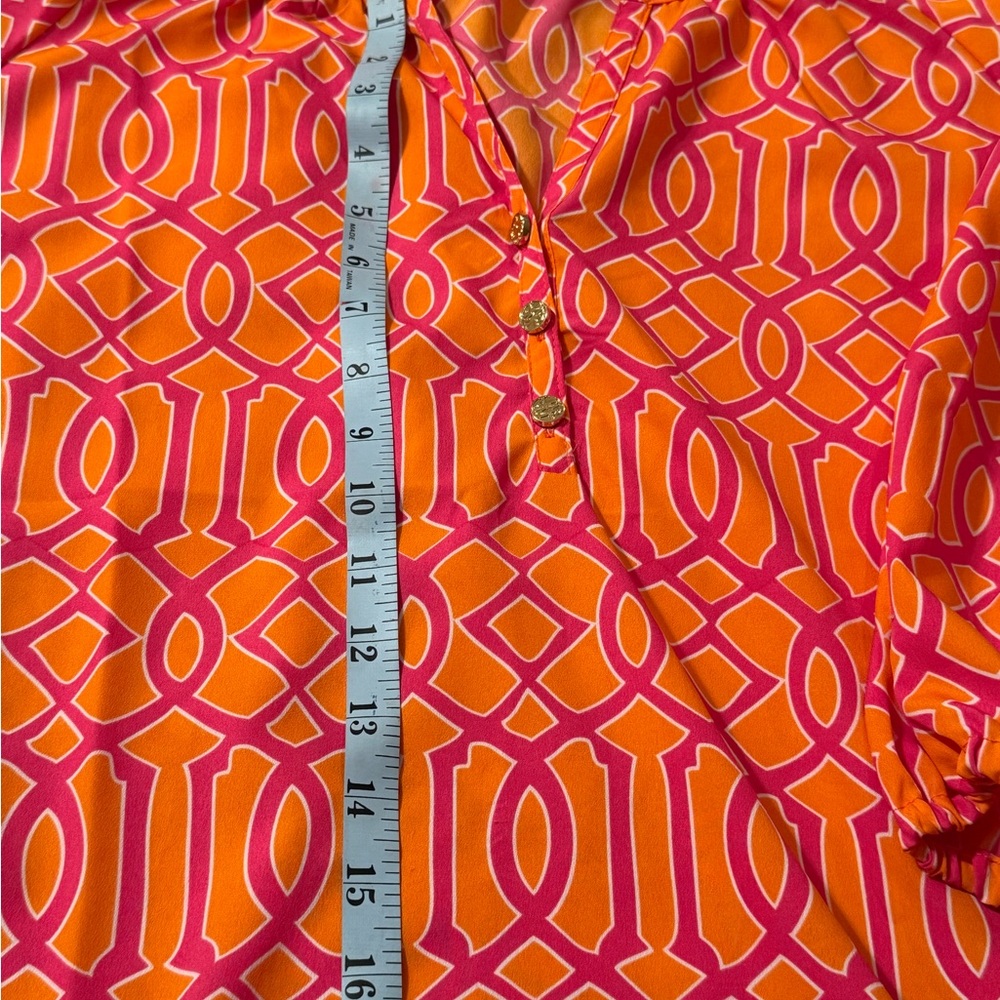 Mud Pie Orange and Pink Graphic Blouse with Mandarin Collar
